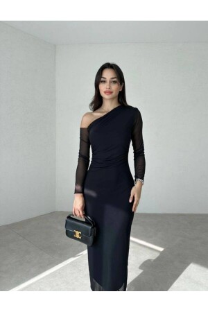 New Season One Shoulder Patterned Tulle Dress - Buqre's Moda