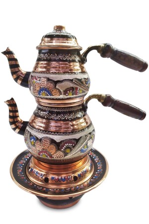 New Special Erzincan Hand Embroidered Copper Teapot Set with Ottoman Stove CAYD-1001 - Batur Ticaret