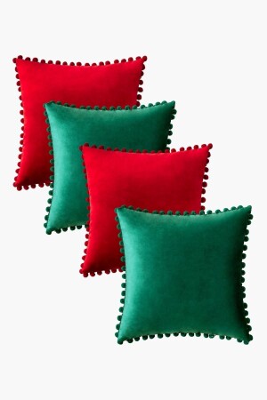 New Year's Eve 4 Pieces Pom-Pom Cushion Cover Set 4 Pieces 43 X 43 Cm Red - Pine Green - Bc Home