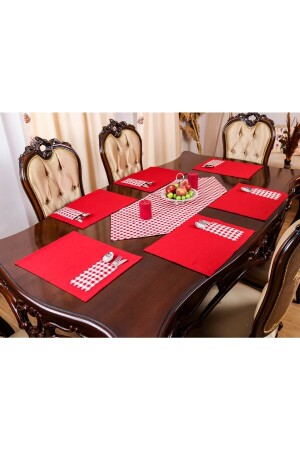 New Year's Runner Red Placemat Plate and Runner for 6 Persons Red Plaid Pattern and Table Set - Tropikhome