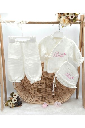 Newborn Muslin 3-Piece Kimono Lace-Up Jumpsuit 100% Cotton Organic (With Personalized Name Embroidery Pattern) - Gros Shop