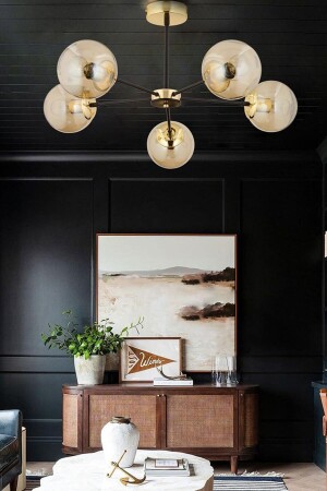 Nide 5-Piece Black Gold Honey Glass Modern Young Room Bedroom Retro Living Room Chandelier 3540-05-GD - Apliqa