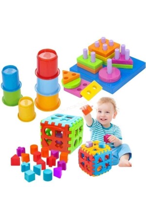 Niedlicher Tassenturm + Puzzle mit geometrischen Formen + pädagogisches Steckwürfel-Baby-Sensorspielzeug - Oyuncakzade
