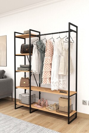 Nilamu Clothes Cabinet - Metal Parts - Atlantic Pine - Open Wardrobe - Organizer - Hanger 130*170*34 Cm - Mobitopya