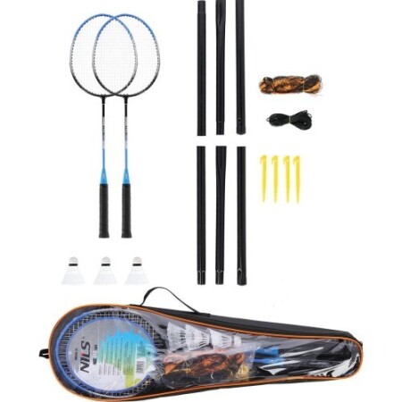 NILS NRZ012 çelik badminton seti: 2 raket, 3 tüy top, file ve taşıma çantası - Nils
