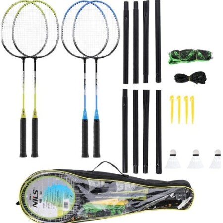 NILS NRZ014 çelik badminton seti: 4 raket, 3 tüy top, 195x22 cm file ve taşıma çantası. - Nils