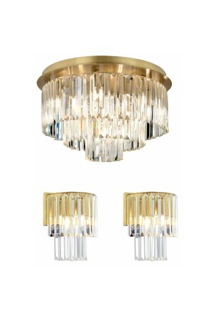Nilüfer Round Antique 3 Piece Crystal and Stone Modern Design Crystal Living Room Chandelier-Scope Set 7000-1140-11-50-03 - Apliqa