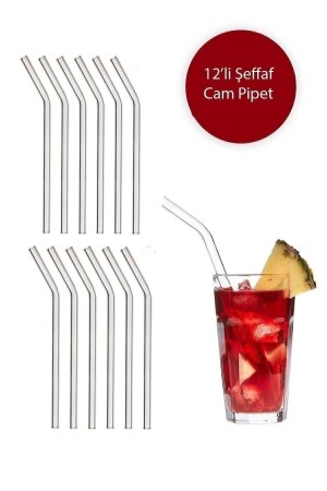 Nom Trend Transparente 12er-Pack gebogene Glasstrohhalme - Üzüm Yaprağı