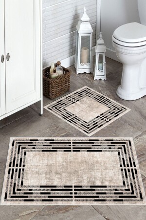 Non-Slip Base Washable 2 Piece 60x100 - 50x60 Bathroom Carpet Mat Toilet Seat Set Th015Beige - Thalia Home