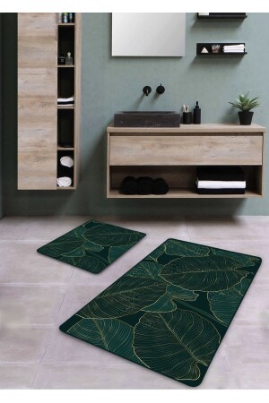 Non-Slip Base Washable 2-Piece Bath Mat - Dark Green Leaf Pattern 60*100 Cm - 50*60 Cm - Pilloveland