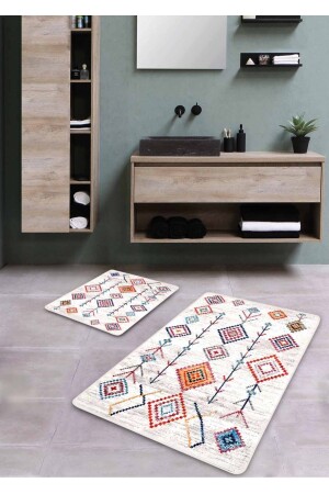 Non-Slip Base Washable 2-Piece Bath Mat - Ethnical Patterned 60*100 Cm - 50*60 Cm BM0191 - Pilloveland