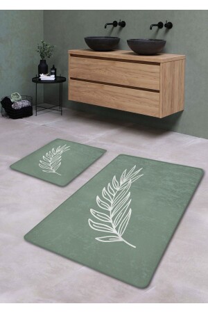 Non-Slip Base Washable 2-Piece Bath Mat - Mint Pastel Leaf Pattern 60*100 cm - 50*60 cm - Pilloveland