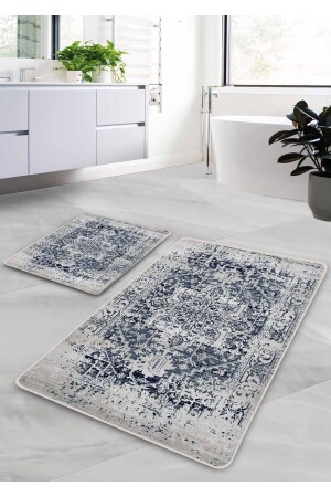 Non-Slip Base Washable 2-Piece Bath Mat - Navy Blue Farmhouse Patterned 60*100 Cm - 50*60 Cm - Pilloveland