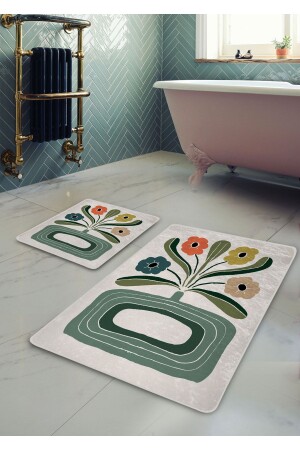 Non-Slip Base Washable 2-Piece Bath Mat - Vase Patterned 60*100 Cm - 50*60 Cm - Pilloveland