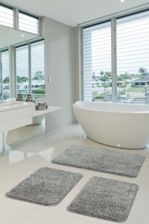 Non-Slip Base Washable Gray Shaggy Bathroom Rug Set of 3 - Eurobano