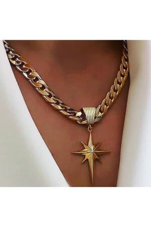 North Star Rhodium Plated Thick Chain Gold Color Necklace - Elmas Dizayn
