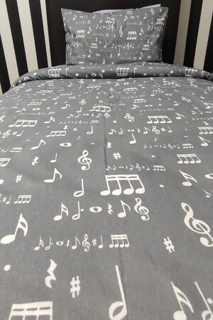 Note Patterned Single Duvet Cover Set with Elastic Sheets Nota_Gri - MERTİM