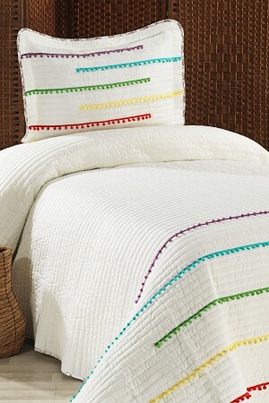 Nova Colored Pompom 100% Cotton Single Bedspread (Pique) Set Q-AKC-00802 - Evlen Home Collection