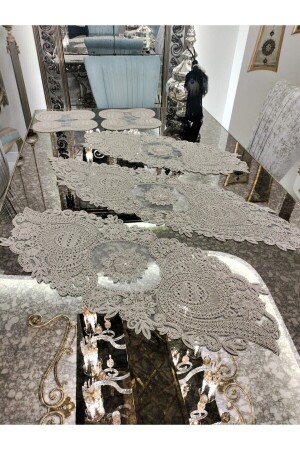 Nur 5 Piece Luxury Beaded Runner Living Room Coffee Table Tablecloth Set French Laced Dowry Set Kapi - Neubella Home