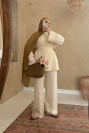 Nuu Bel Bağlamalı Keten Takım Vanilya - Nuuwears