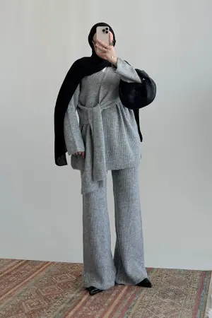 Nuu Premium Bağlamalı Triko Takım Gri - Nuuwears