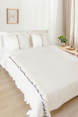 Off-White Black Detailed Ruffled Cotton Vintage Hotel Series Plain Double Duvet Cover Set RHN2095x - RİTMOHOME
