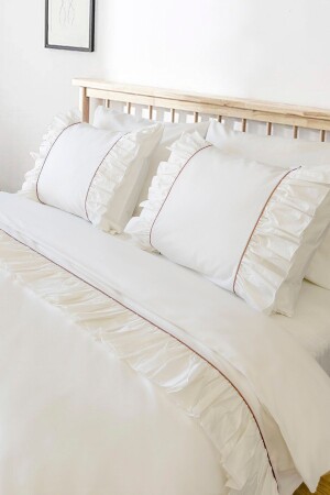 Off-White Ruffled Coffee Piping Cotton Vintage Hotel Series Double Duvet Cover Set RHN2100 - RİTMOHOME