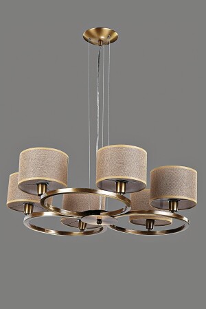 , Olimpia 6 Lı Avize, Eskitme Metal Kasa, Açık Kahverengi Hasır Desen Kumaş Abajur BS.7131-52-06 - Avize çarşısı