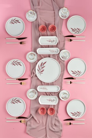 Olive Pembe 21 Piece Lux Ceramic Breakfast Set for 6 Persons, Breakfast Set marble-round-23-piece-8-person - Erbaşlar