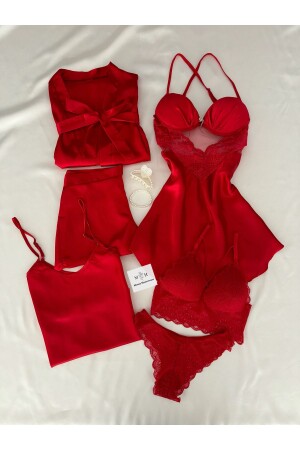Omugole-Nachthemd-Morgenmantel-Pyjama-Mitgift-Set mit roter Satin-Rückseite - Mh Moony Homewears