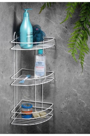 Ömür Boyu Paslanmaz Yapışkanlı Banyo Köşeliği Düzenleyici Şampuanlık Duş Rafı Beyaz Ek-03 - Sas Haus