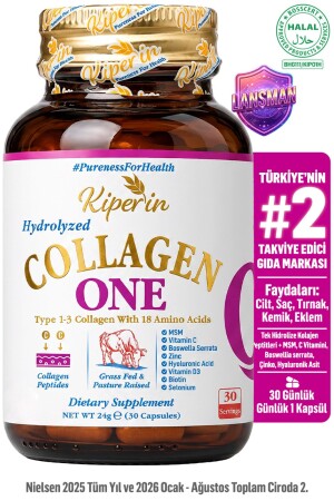 One | Tek Hidrolize Kolajen Peptitler | MSM, Biotin, Hyaluronik Asit, Selenyum, Vitamin D | 30Kapsül - Kiperin