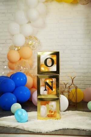 One Written Gold Box and Balloon Set Baby 1st Year Birthday Celebration - Patladı Gitti