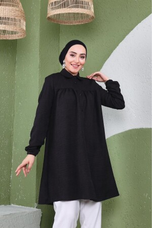 Önü Büzgülü Kolu Lastikli Kadın İthal Keten Tunik Gömlek - Giyim Gezegeni