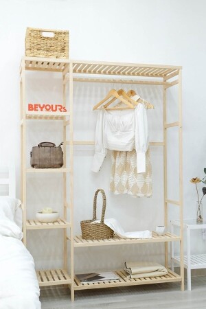 Open Wardrobe 148x96x35cm Wooden Shelf Clothes Hanger lkjhgfd - MFG AHŞAP