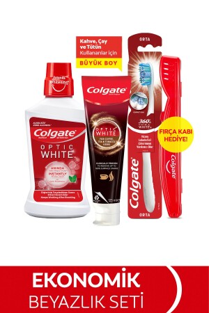 Optic White Coffee-Tea Users Toothpaste 125ml- Medium Toothbrush- Oral Care Water 250ml - Colgate
