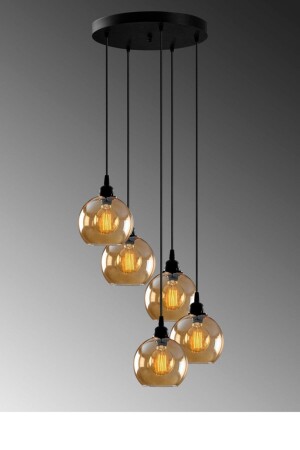 Opvik Private Living Room - Kitchen - Bedroom Black Color Honey Color Glass Pendant Lamp 5 Piece Chandelier TYC00394909170 - Modavize