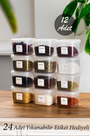 Org-430 12 Pcs Labeled Spice Jar - Pulses Storage Container - Food Storage Container Set Transparent 600 ml KARMA04007 - Porsima