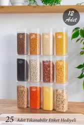 Org-432 Etiketli Kare 12li Bakliyat Erzak Saklama Kabı Seti Şeffaf 1900 ml org-432-b-1T - Porsima