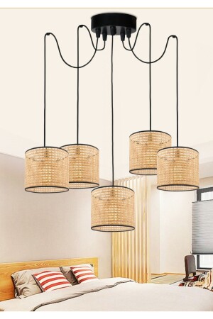 Original Hazeran Rattan 5 Arm Pendant Lamp Chandelier AYD-3535 - HOMİNG