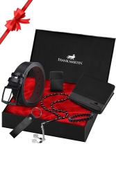 Orijinal Özel Hediye Kutulu 6'lı Set Hediyelik Deri Kot Erkek Cüzdan Kemer Anahtarlık Seti 60-021 64001 - Frank Martin