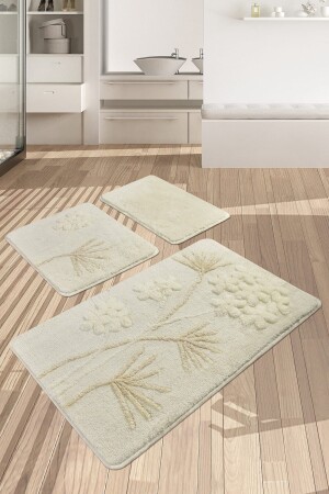 Orkide Ekru 3lü Set Banyo Halısı Yıkanabilir- Kaymaz Taban - Chilai Home