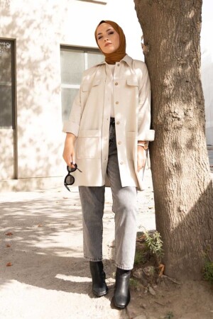 Ornament Closed Two Pockets Shirt with Wooden Buttons - Caramel Butik