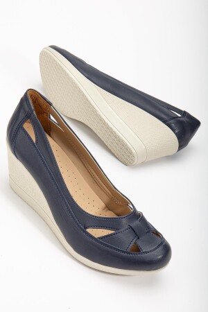 Orthopädische marineblaue Damenschuhe mit Keilabsatz und Keilsohle - Dilimler Ayakkabı