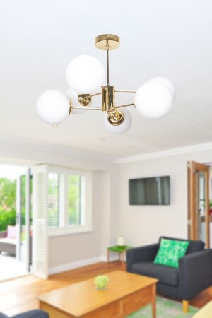 Oscar Modern Luxury Design Gold Color Case White Glass Living Room - Kitchen - Bedroom 6-Piece Chandelier OSC6227 - Fer Avize