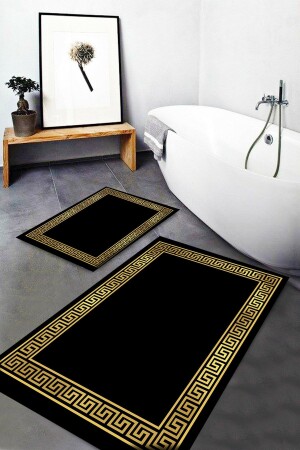 Osso Black Yellow Lock Patterned Washable Non-Slip Bathroom Mat 2-Piece Toilet Set Carpet Dts-4 Ossodotoscft4 - 3D ELSE HALI