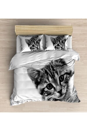 Osso Gray White Mini Cat 3D Patterned Double Duvet Cover Set Ossocift1024 - 3D ELSE HALI