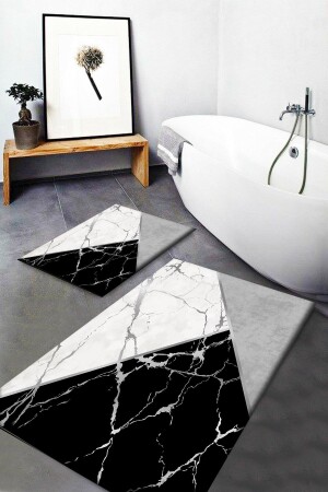 Osso Gri Siyah Beyaz Üçgen Desenli Yıkanabilir Kaymaz Banyo Paspası 2li Klozet Takımı Halısı Dts-27 Ossodotoscft27 - 3D ELSE HALI