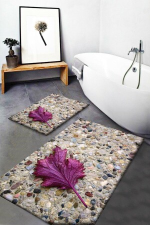 Osso Lila Blattmuster, waschbar, rutschfeste Unterseite, 2-teiliges Badezimmerteppich-Mopp-Toilettenset - 3D Else Hali