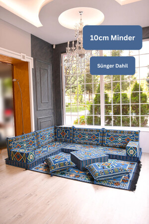 طقم ركن شرقي أصلي أزرق أناضولي 13 قطعة (طقم أرائك رغوية يشمل سجادة ومقعد) - BAKIRÖZÜ HOME